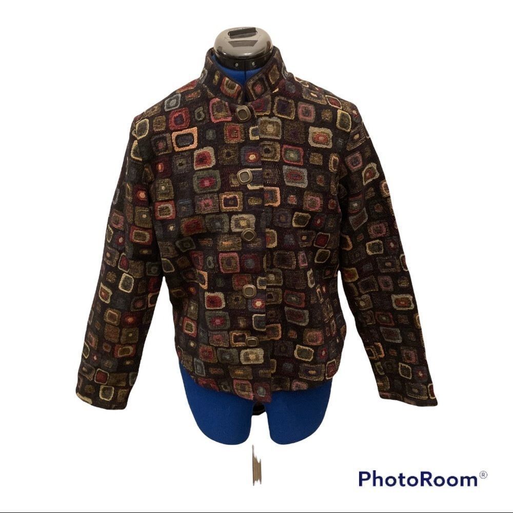 Unique Orvis tapestry blazer or coat with geometric pattern & Mandarin collar